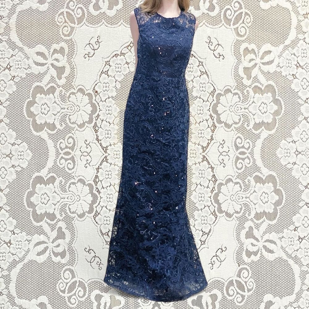 NWOT SLNY Navy Blue Corded Lace Jewel Neck Maxi Dress/Gown Floral Embroidery